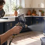 Painter spraying a kitchen cabinet door to a flawless navy lacquer finish in a Denver kitchen