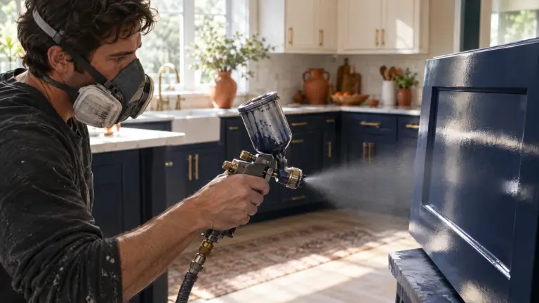 Painter spraying a kitchen cabinet door to a flawless navy lacquer finish in a Denver kitchen