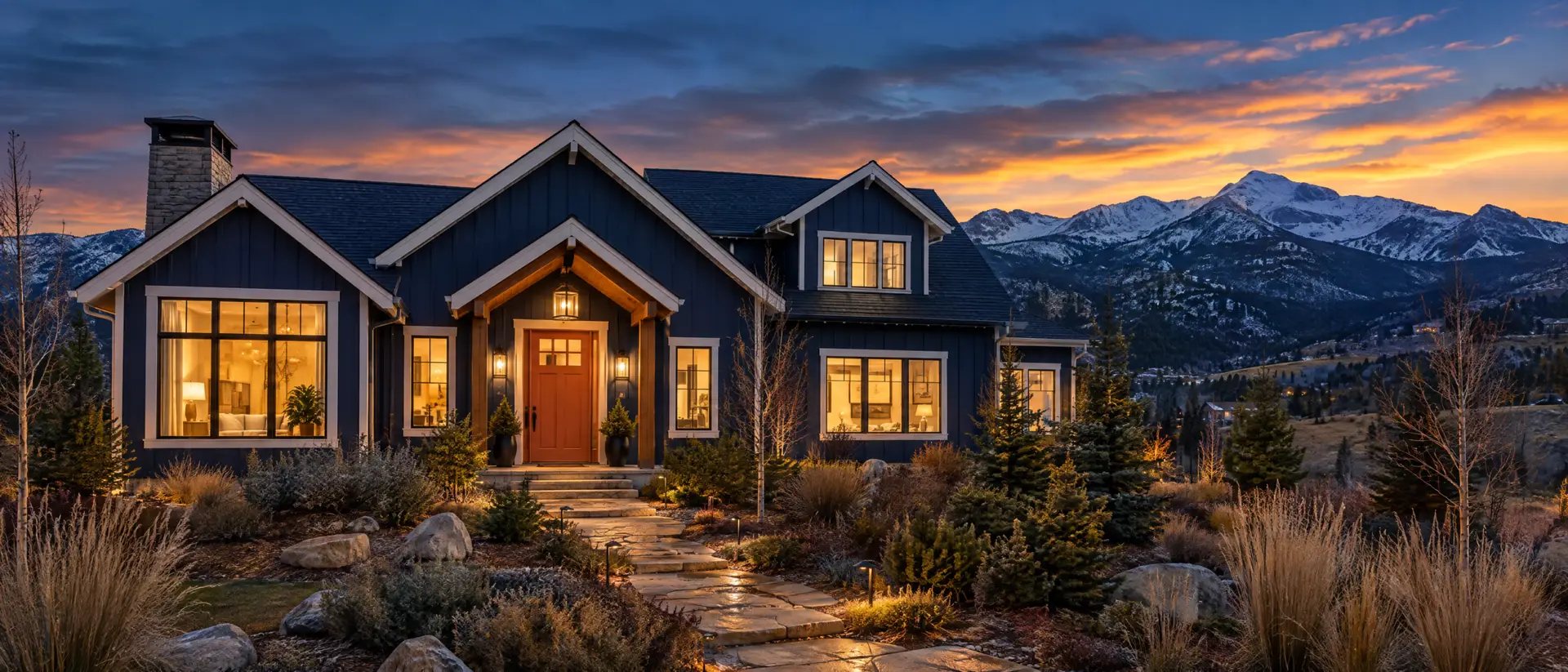 Modern Colorado home with navy board and batten siding warm white trim and a terracotta door glowing at dusk