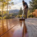 Craftsman applying rich semi transparent stain to a cedar deck with a Colorado mountain backdrop