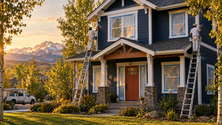 Two painters on ladders coating the navy siding and white trim of a Colorado craftsman home at golden hour