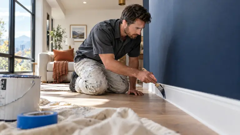 Professional interior painter brushing a crisp line along white baseboard trim beneath a deep navy wall