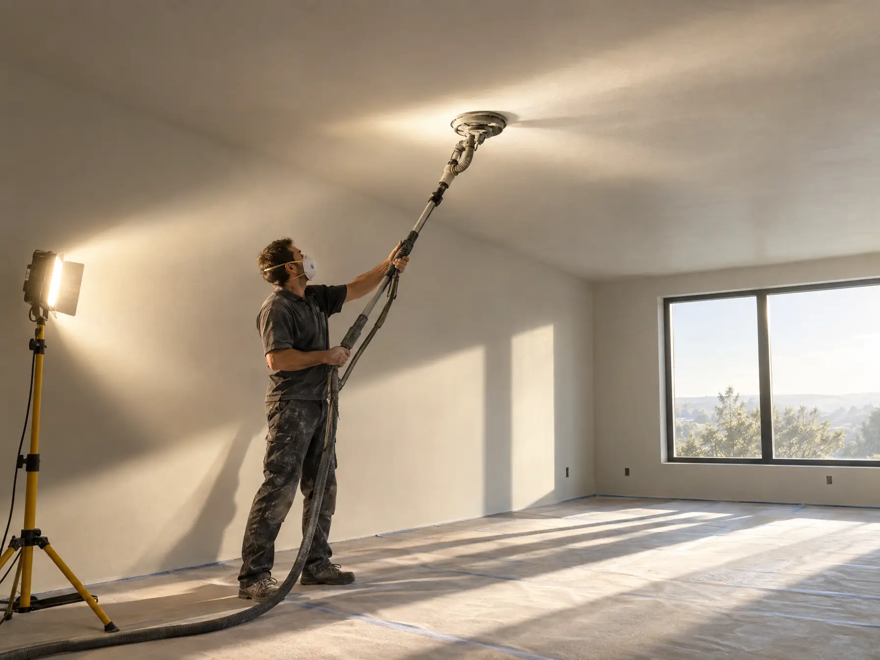 Finisher pole sanding a drywall wall under a raking work light to reach a flawless level five smooth finish