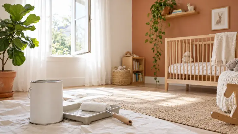 Freshly painted child bedroom in warm white and clay with plants and open windows using low VOC paint