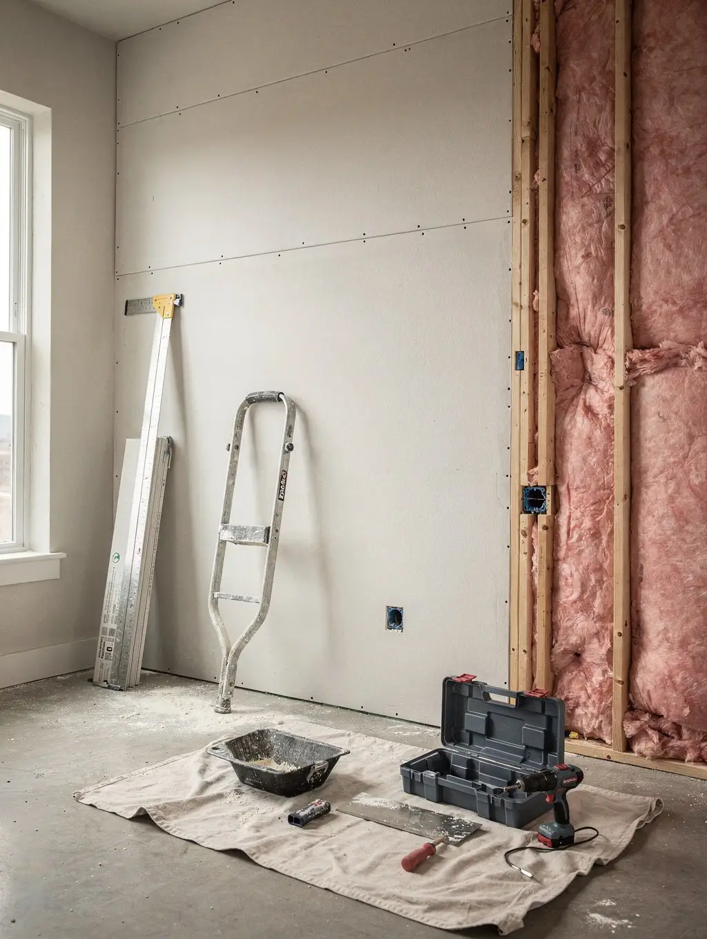 New interior wall in a Colorado home half hung and taped in drywall and half open framing, with drywall sheets and taping tools staged nearby