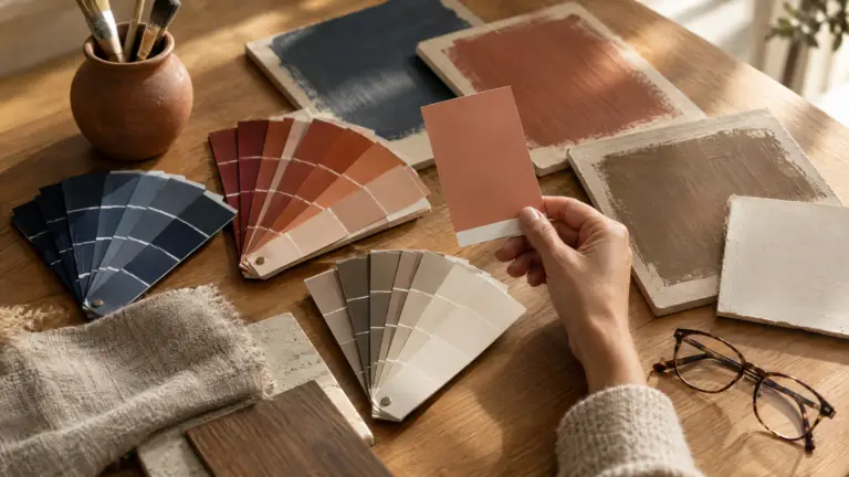 Paint swatch decks sample boards and fabric laid out during a professional color consultation